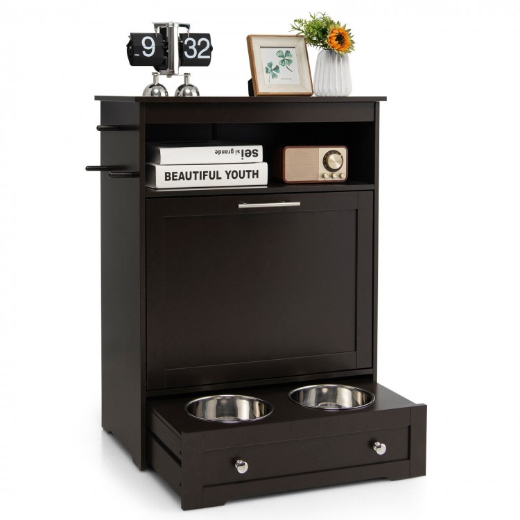 Pet feeder station in coffee color with stainless steel bowls, featuring storage cabinet and open compartment for pet.