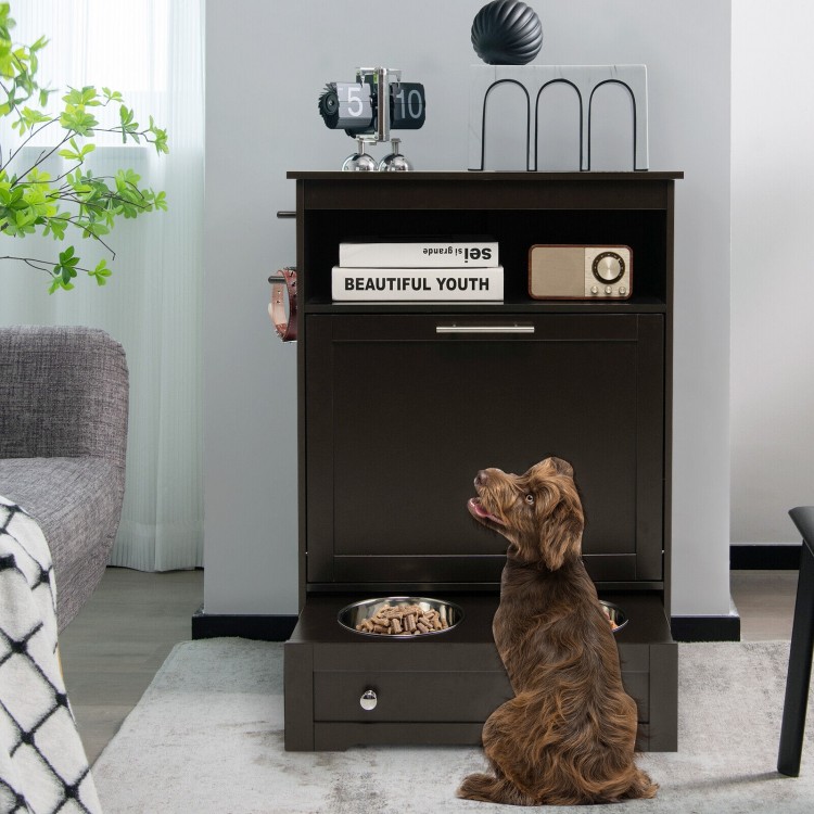 Pet feeder station in coffee color with stainless steel bowls, featuring storage cabinet and anti-toppling device for.