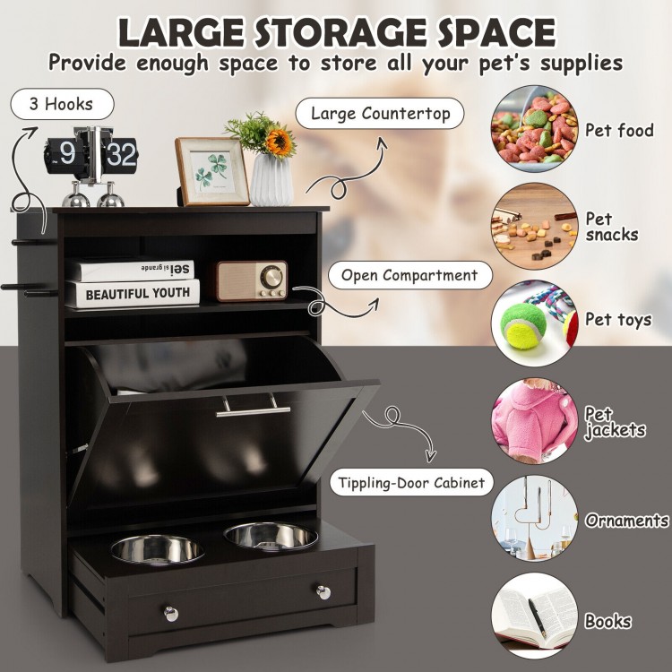 Pet feeder station with stainless steel bowls, large countertop, and storage cabinet for pet supplies and toys.