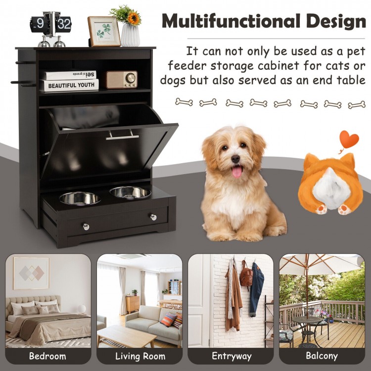 Pet feeder station with stainless steel bowls and storage cabinet, ideal for organizing pet supplies in living spaces.