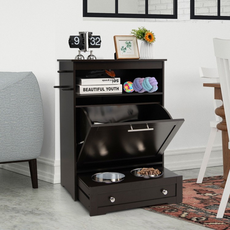 Pet feeder station in coffee color with stainless steel bowls, featuring storage cabinet and open compartments for pet.