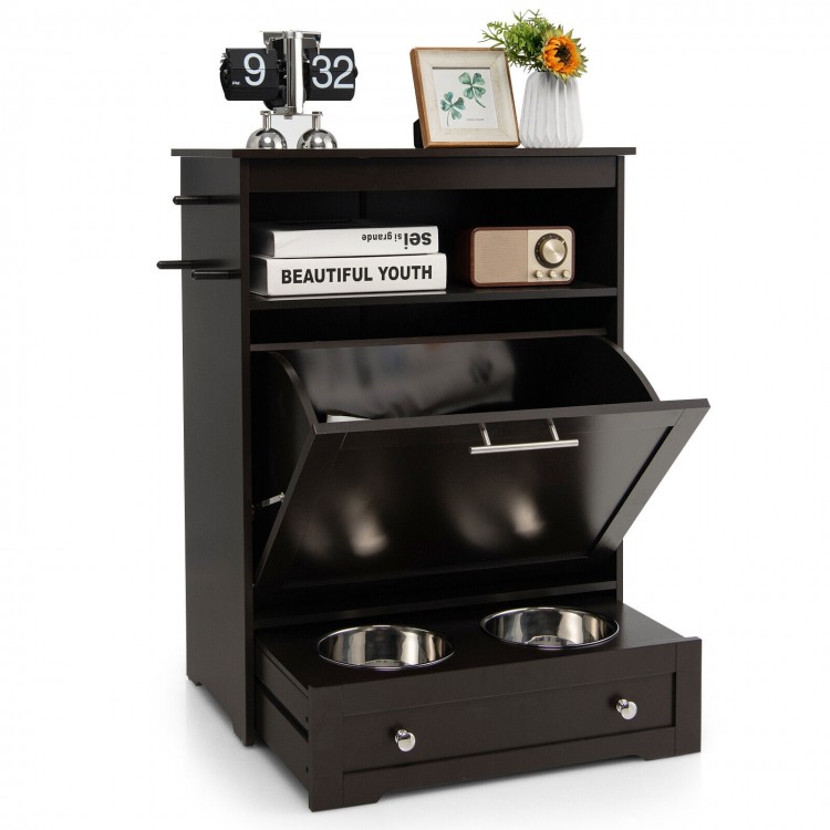 Pet feeder station in coffee color with stainless steel bowls, storage cabinet, and open compartments for pet supplies.
