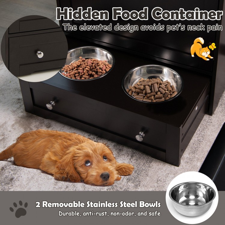 Pet feeder station in coffee color with two removable stainless steel bowls and hidden storage for pet supplies.