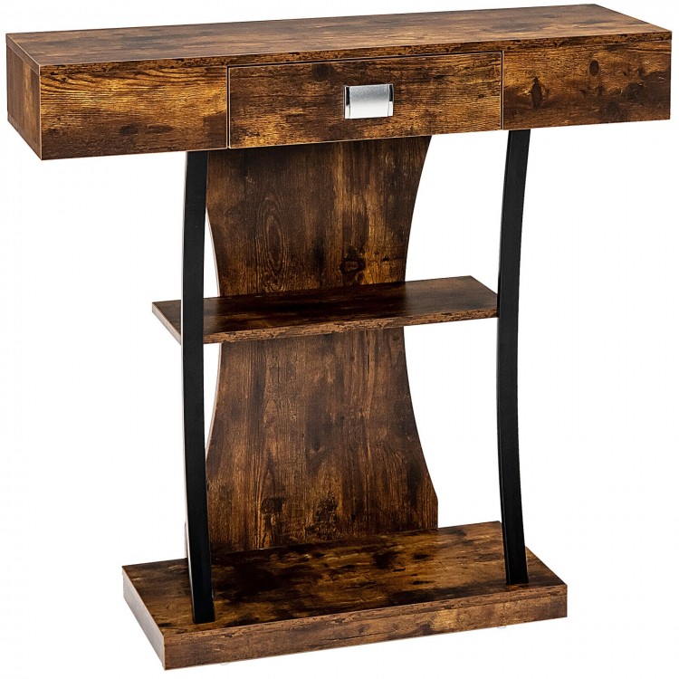 Rustic brown console table with a drawer and 2-tier shelves, ideal for entryway or living room decor and storage.