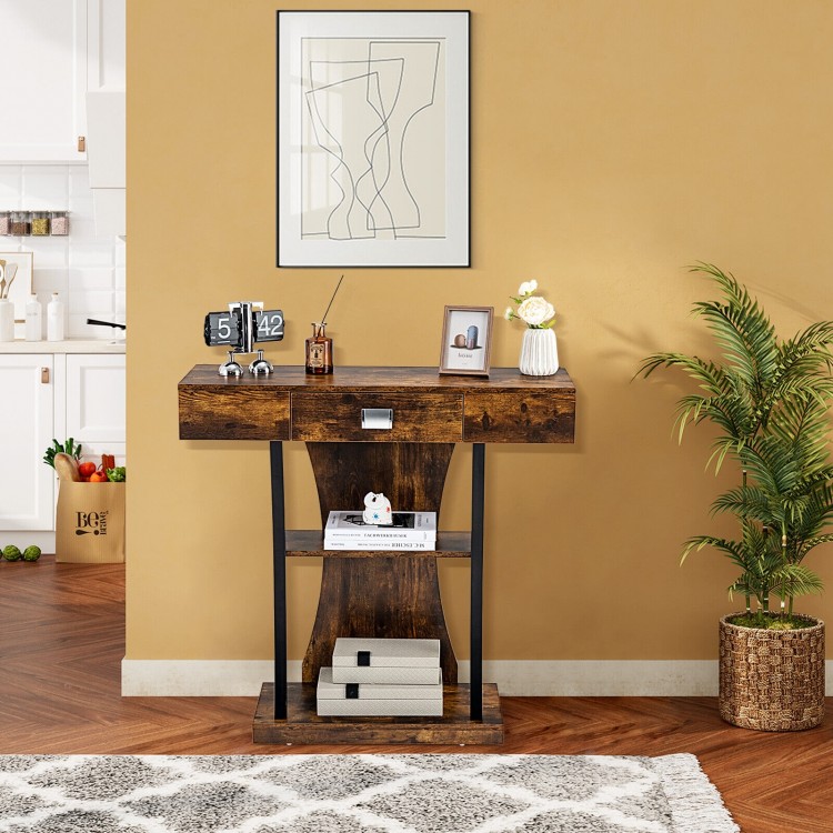 Rustic brown console table with a drawer and 2-tier shelves, perfect for entryway or living room decor.