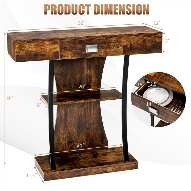 Console table in rustic brown with a drawer and 2-tier shelves, ideal for entryway or living room decor.