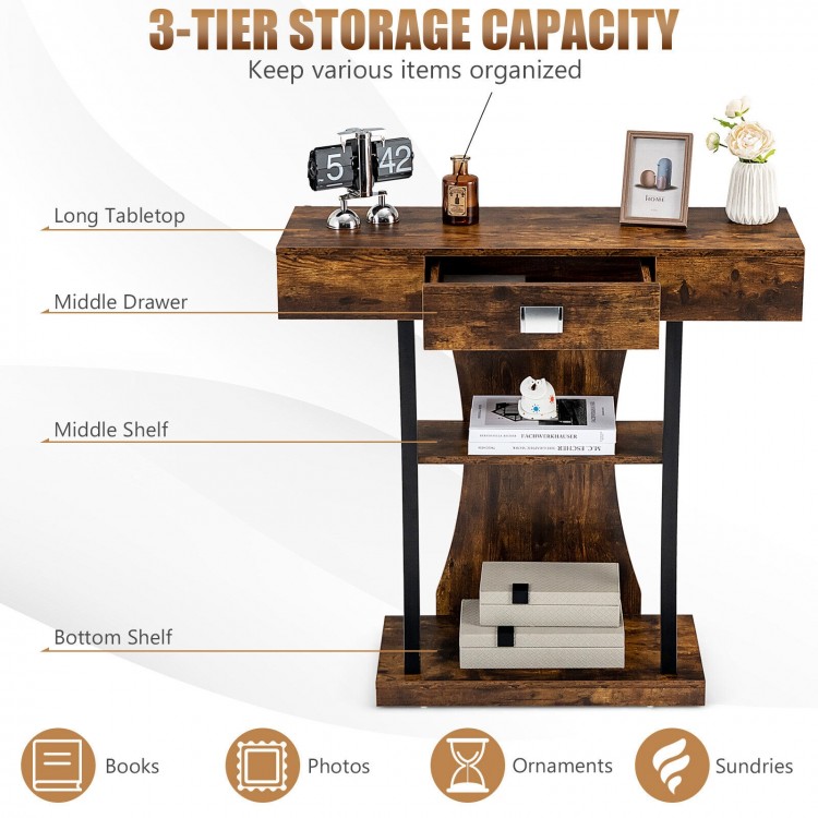 Rustic brown console table with a spacious top, middle drawer, and 2-tier shelves for entryway or living room.