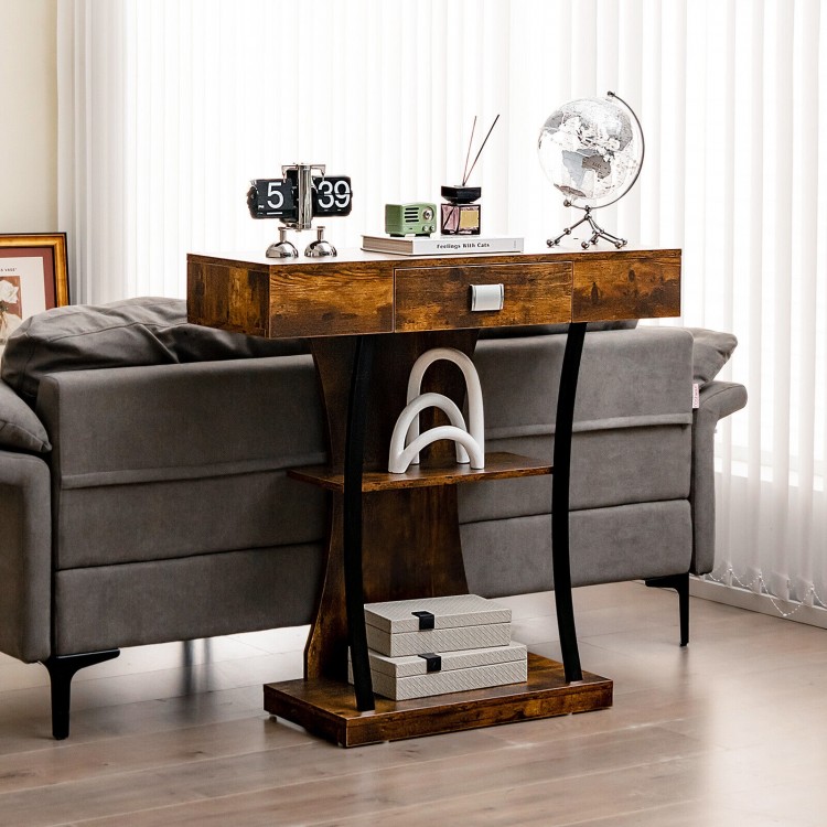 Console table in rustic brown showcasing a spacious top and a middle drawer, perfect for organizing entryway essentials.