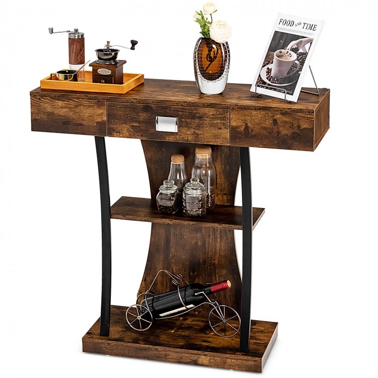 Rustic brown console table featuring a spacious top, pull-out drawer, and 2-tier shelves, ideal for entryway or living.