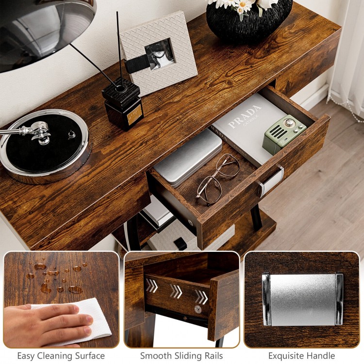 Rustic brown console table with a pull-out drawer and 2-tier shelves, ideal for entryway or living room decor.