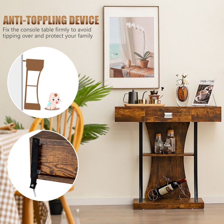 Rustic brown console table with drawer and 2-tier shelves, featuring anti-tipping device for safety in entryway or.
