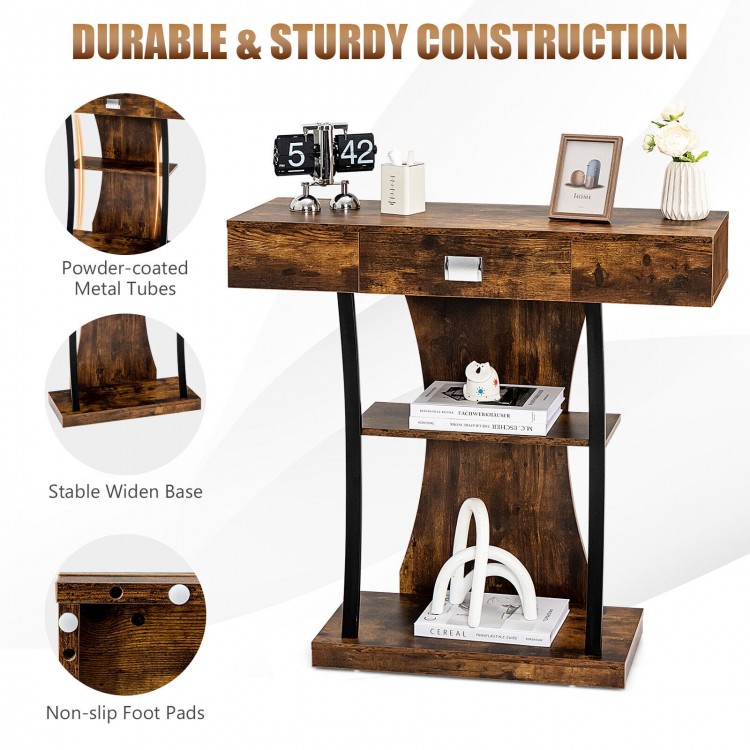 Rustic brown console table with a drawer and 2-tier shelves, featuring sturdy metal tubes and anti-slip foot pads for.