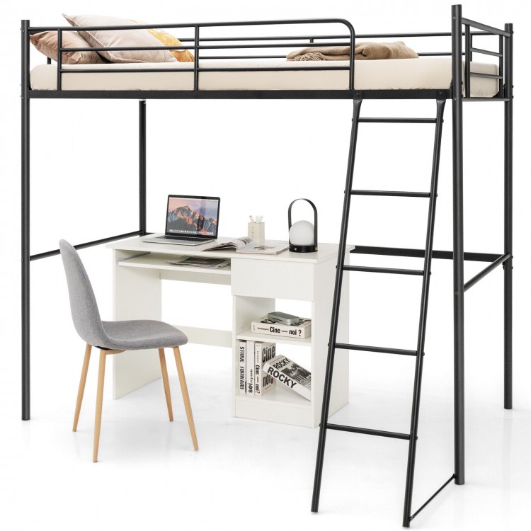 Twin metal loft bed in black with ladder, high guard rails, and under-bed workspace for space-saving solutions.
