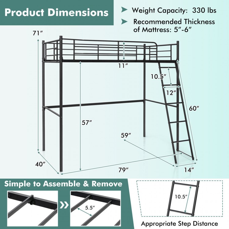 Twin metal loft bed in black with ladder and high guard rails, ideal for kids' rooms and small spaces.