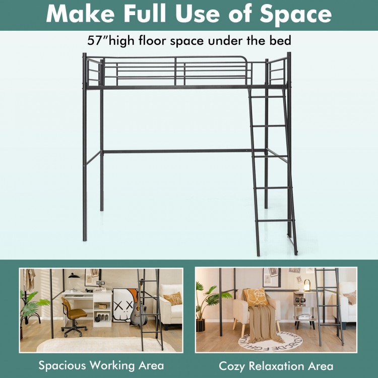 Twin metal loft bed in black with ladder and high guard rails, ideal for maximizing space in kids' rooms or dorms.