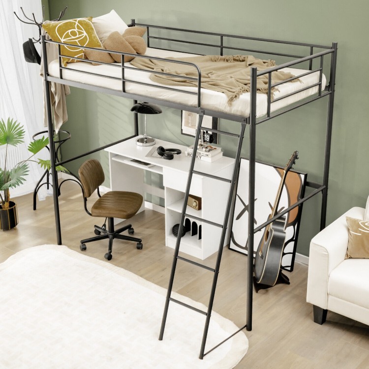 Twin metal loft bed in black with ladder and high guard rails, ideal for space-saving in kids' rooms or dorms.