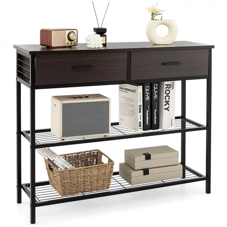 39.5-inch dark brown entryway table featuring 2 drawers and 2 metal shelves, perfect for living room or hallway storage.