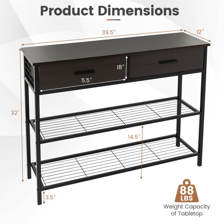 39.5-inch dark brown entryway table with 2 drawers and 2-tier metal shelves, ideal for living room or entryway use.