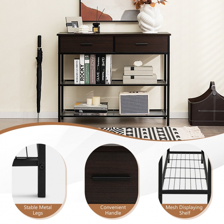 Dark brown 39.5-inch entryway table with 2 drawers and 2 metal shelves, ideal for living room or hallway storage.