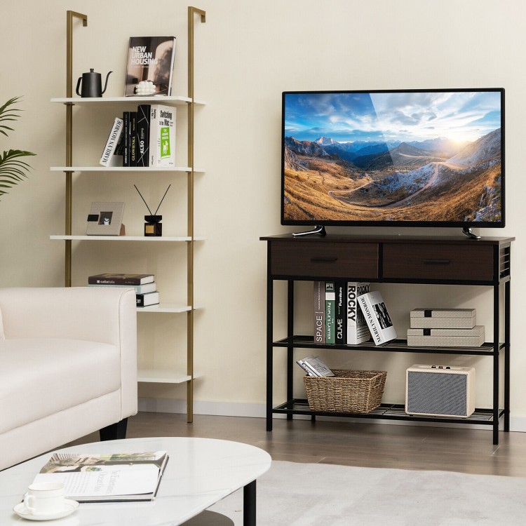 39.5-inch dark brown entryway table with 2 drawers and 2 metal shelves, perfect for living room or dining room storage.