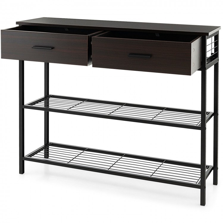 39.5-inch dark brown entryway table with 2 drawers and 2 metal shelves, perfect for living room or hallway storage.