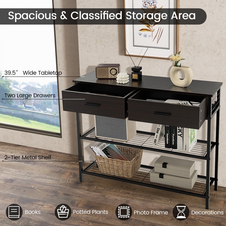 39.5-inch dark brown entryway table with two large drawers and two-tier metal shelves for versatile storage solutions.