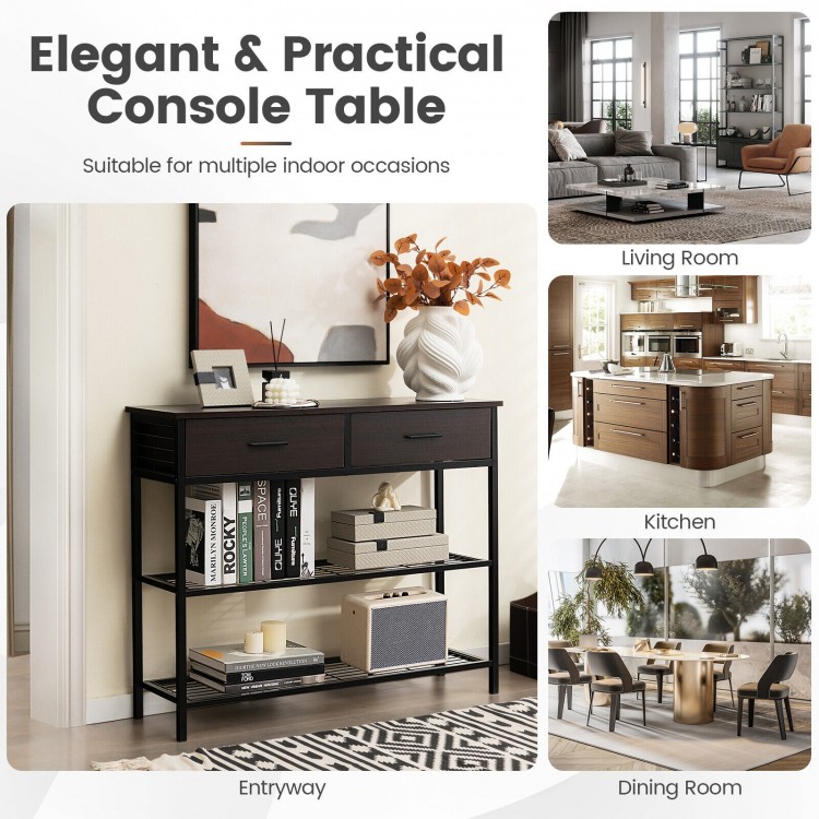 39.5-inch dark brown entryway table with 2 drawers and 2 metal shelves, ideal for living room or dining room use.