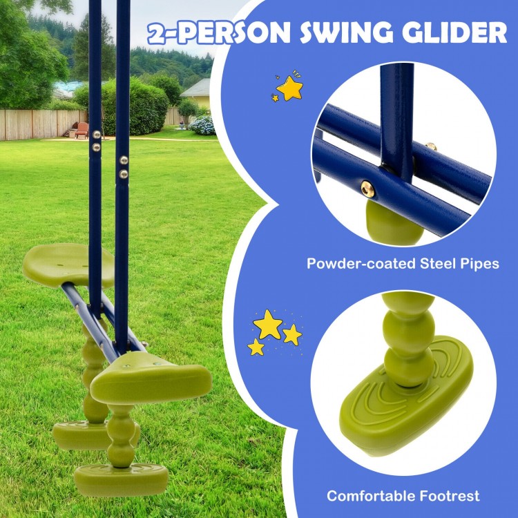 2-person swing glider with powder-coated steel pipes, designed for kids aged 3 to 10, ideal for backyard fun.