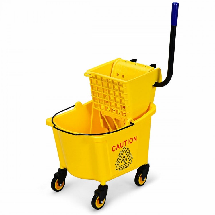 26-quart yellow mop bucket with side press wringer, swivel wheels, and handle for easy mobility and pouring.