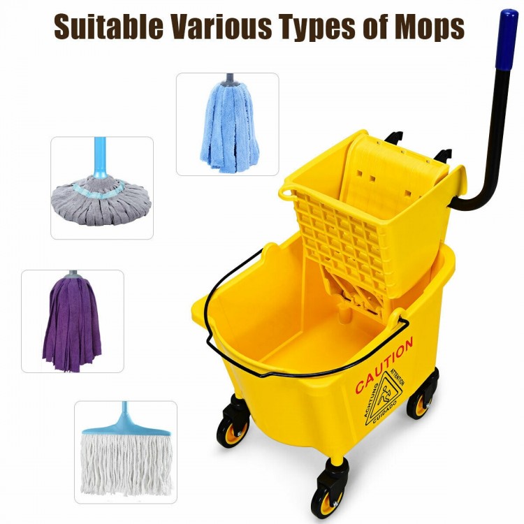 26 Quart yellow mop bucket with side press wringer, rubber wheels, and handle for easy mobility in commercial settings.