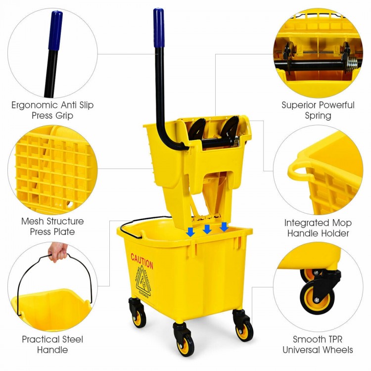 26 Quart yellow mop bucket with side press wringer, ergonomic handle, and smooth swivel wheels for easy mobility.