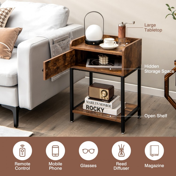 Lift top end table with charging station, featuring a large tabletop, hidden storage, and open shelves for versatile.