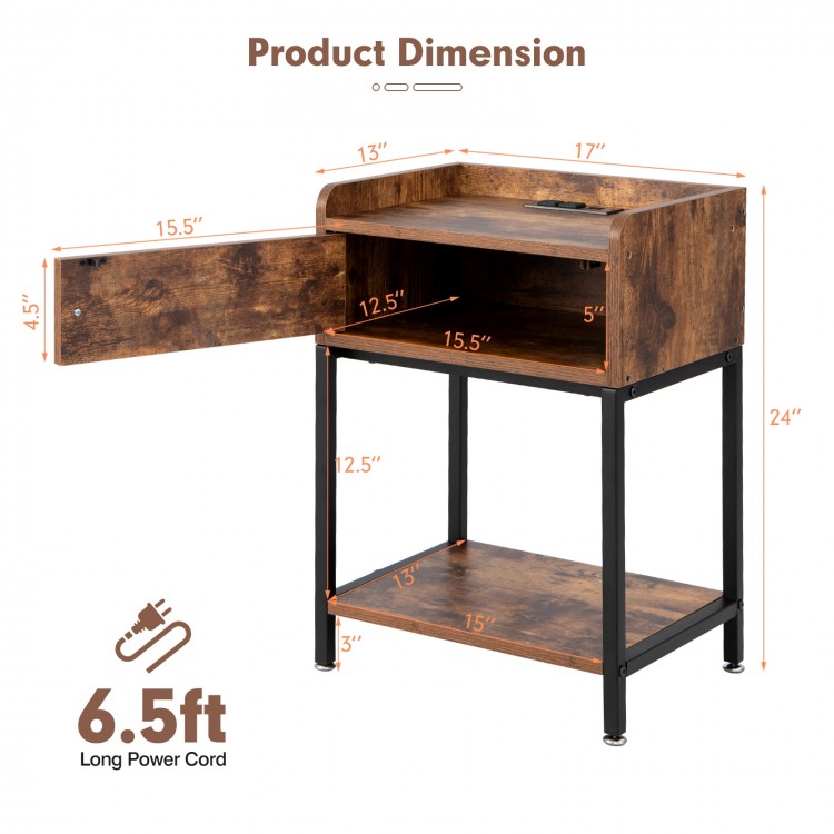 Lift top end table with charging station, featuring 2 AC outlets, USB ports, and open shelves for versatile storage.