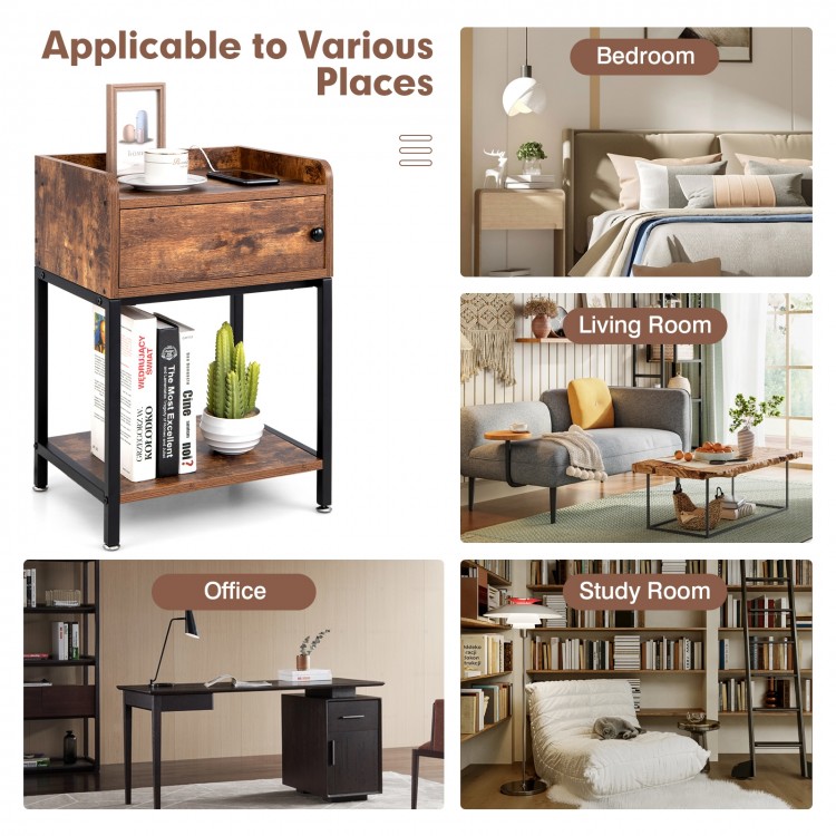 Lift top end table with charging station, wood finish, and storage shelves, ideal for living room or bedroom use.
