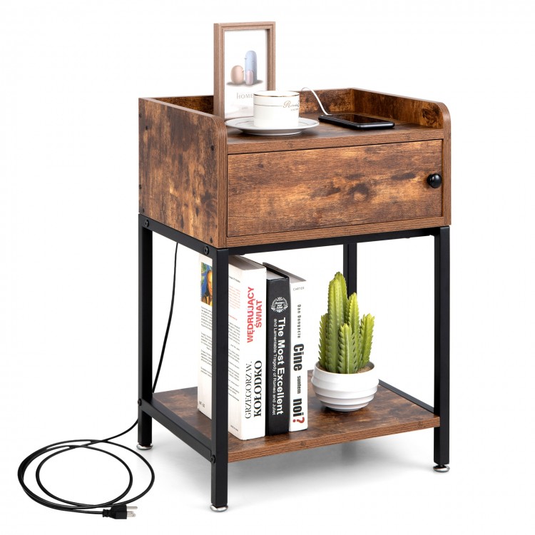 Lift top end table with charging station, featuring a wood finish, storage drawer, and open shelves for versatile use.