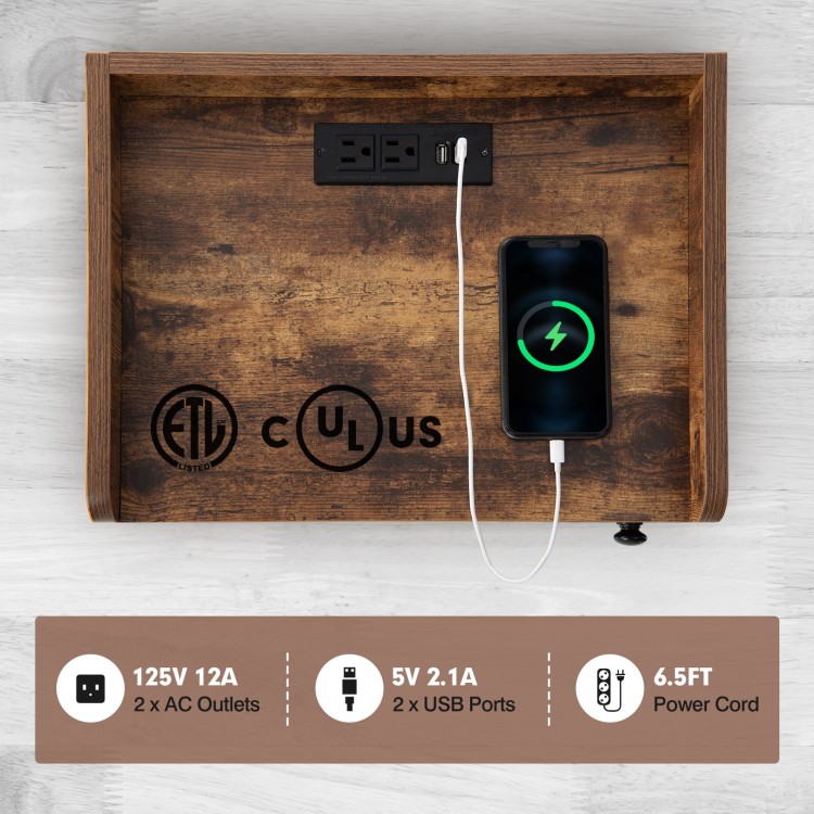 Lift top end table with charging station, featuring 2 AC outlets, 2 USB ports, and a durable wood surface for versatile.