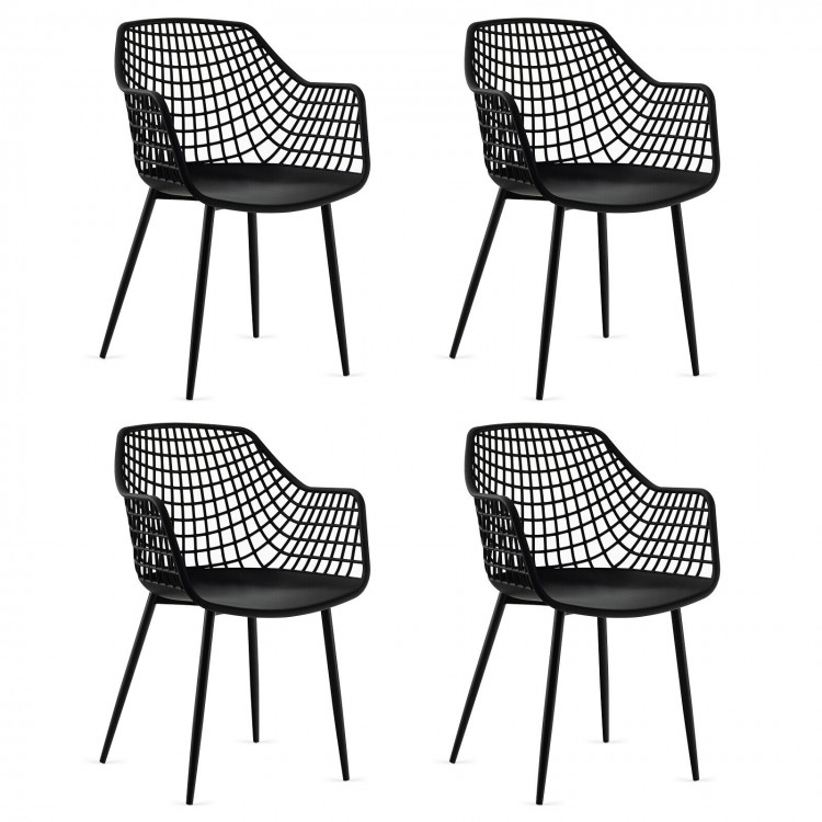 Set of 4 black modern dining chairs with airy hollow backrest and powder-coated metal legs for indoor use.
