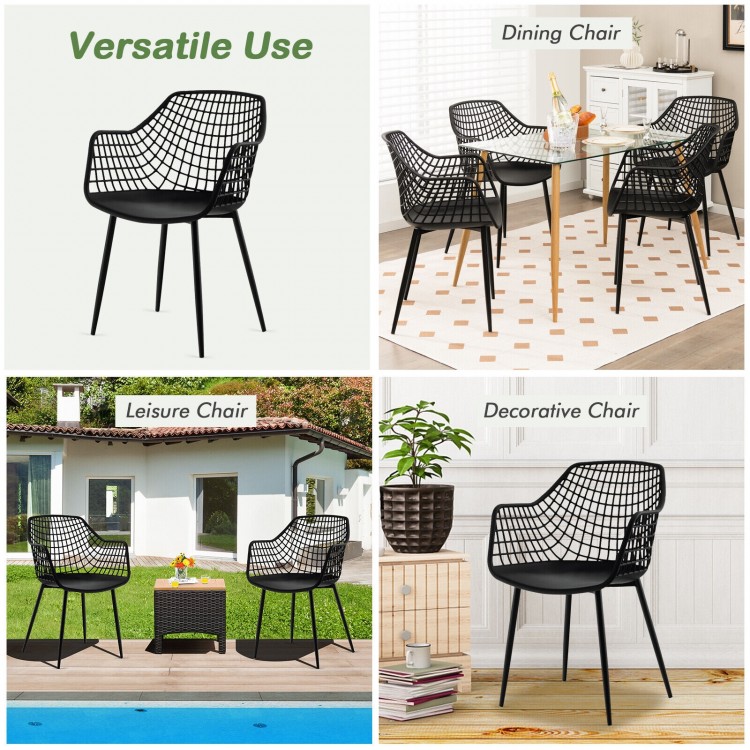 Set of 4 black modern dining chairs with airy hollow backrest, ideal for dining, leisure, or office use indoors.