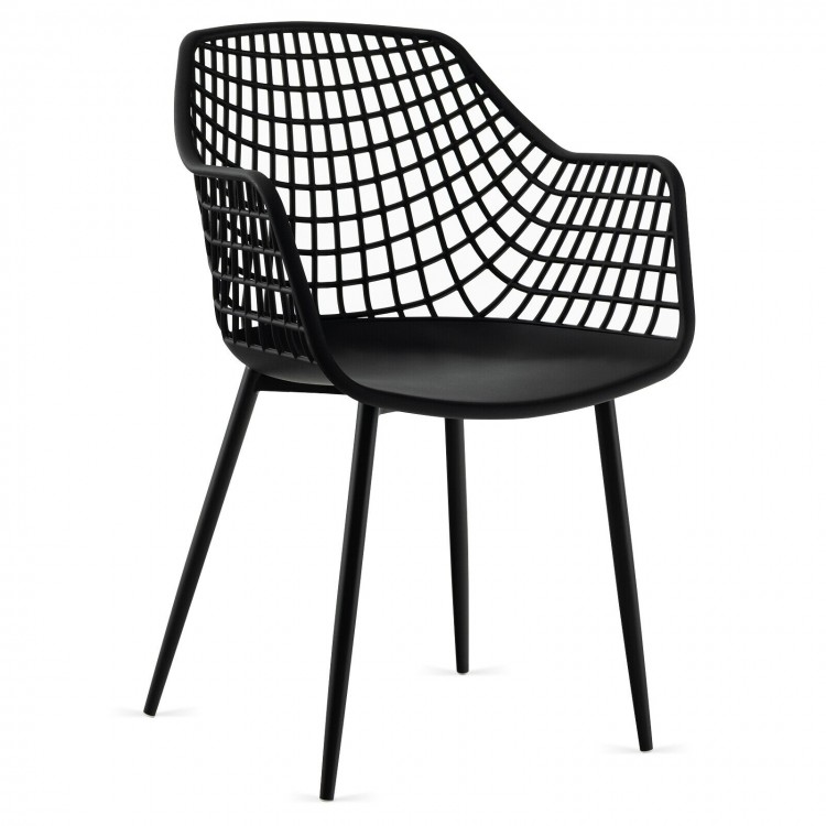 Modern black dining chair with airy hollow backrest, sturdy powder-coated legs, ideal for indoor dining or leisure use.