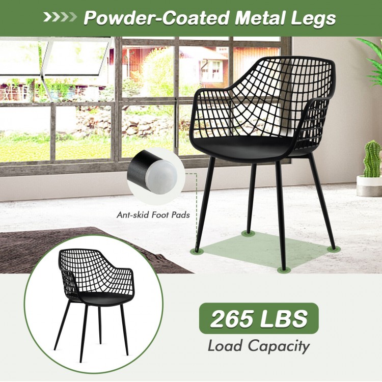 Heavy-duty black dining chair with airy hollow backrest and powder-coated metal legs, suitable for indoor use.