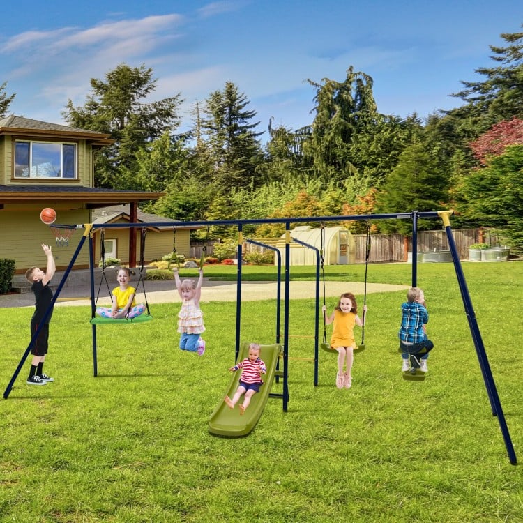 A-shaped outdoor swing set with gym rings, slide, and swings, perfect for backyard fun for up to 7 kids aged 3-10.