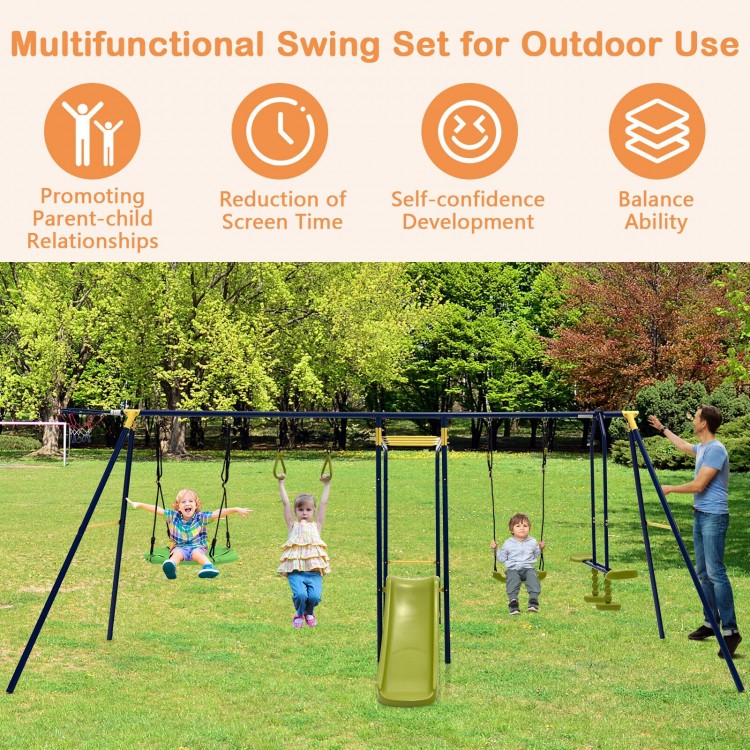 A-shaped outdoor swing set featuring a slide, swings, and monkey bars, ideal for backyard fun for kids aged 3-10.