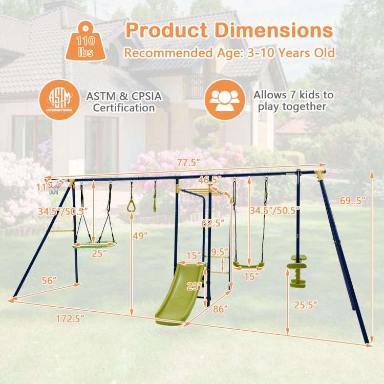 Product dimensions of the 7-in-1 A-shaped outdoor swing set for backyard, suitable for 7 kids aged 3-10 years.