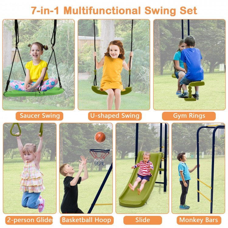 U-shaped swing from the 7-in-1 outdoor swing set, featuring a stable A-shaped frame for backyard fun.