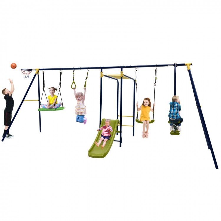 A 7-in-1 outdoor swing set featuring swings, a slide, and a basketball hoop, perfect for backyard fun for kids aged.