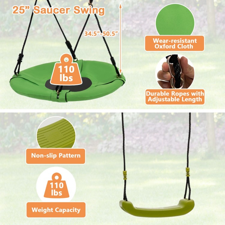 25-inch green saucer swing made of wear-resistant oxford cloth, adjustable height, supports up to 110 lbs for outdoor.