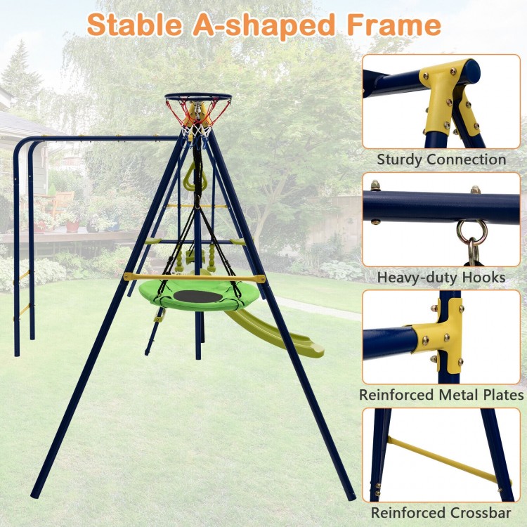 7-in-1 outdoor swing set featuring a stable A-shaped frame, gym rings, and adjustable U-shaped swing for backyard fun.