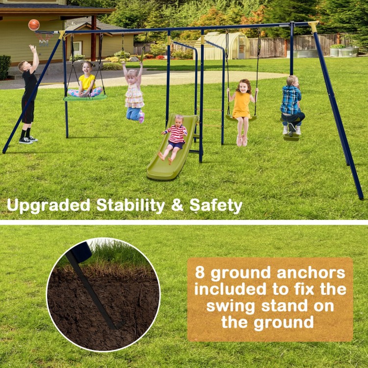 7-in-1 outdoor swing set featuring gym rings, monkey bar, and slide, designed for backyard fun and stability.