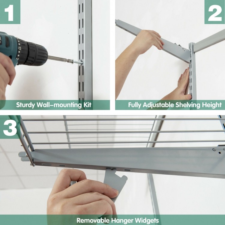 Adjustable wall-mounted closet organizer kit in gray, featuring sturdy installation and removable hanger widgets for.