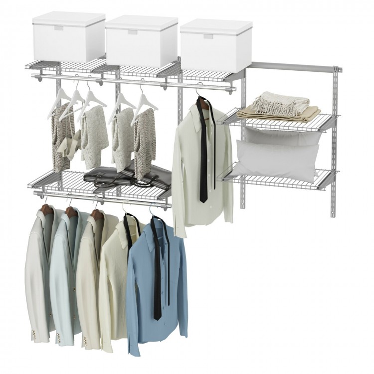 Wall-mounted closet system organizer kit in gray with adjustable shelves, hang rod, and ventilated wire mesh design.